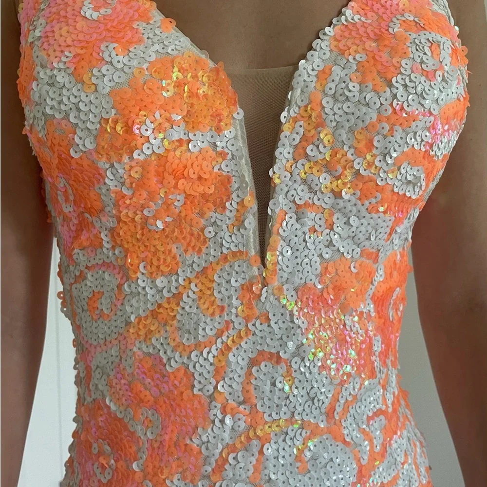 Jovani Coral & White Sequin Floral Prom Dress style 08257 - Picture 6 of 15